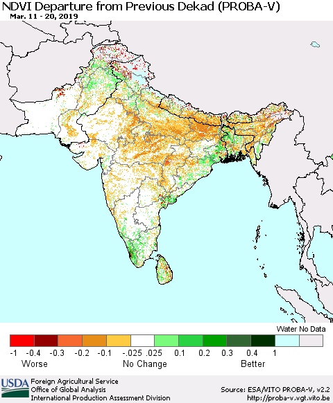 Southern Asia NDVI Departure from Previous Dekad (PROBA-V) Thematic Map For 3/11/2019 - 3/20/2019