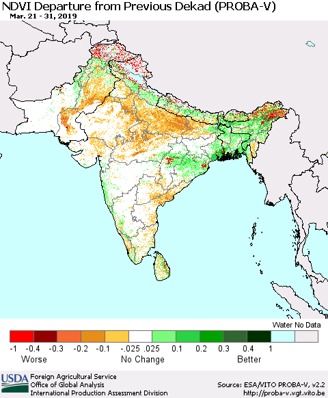 Southern Asia NDVI Departure from Previous Dekad (PROBA-V) Thematic Map For 3/21/2019 - 3/31/2019
