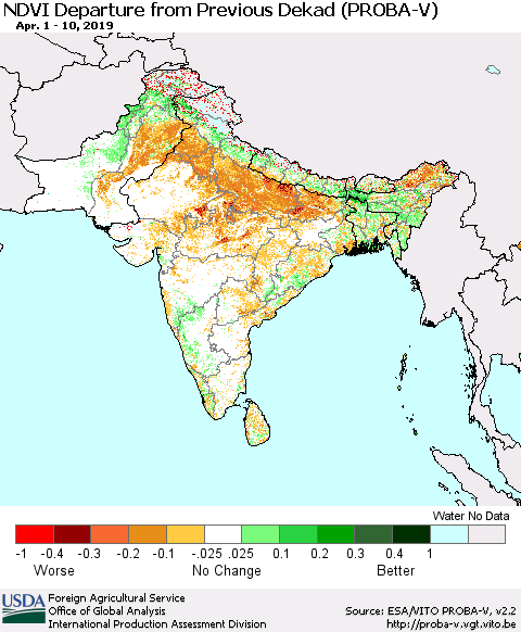 Southern Asia NDVI Departure from Previous Dekad (PROBA-V) Thematic Map For 4/1/2019 - 4/10/2019