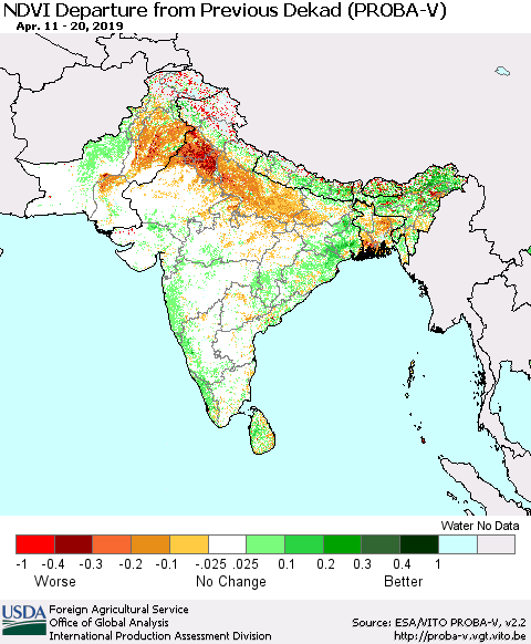 Southern Asia NDVI Departure from Previous Dekad (PROBA-V) Thematic Map For 4/11/2019 - 4/20/2019