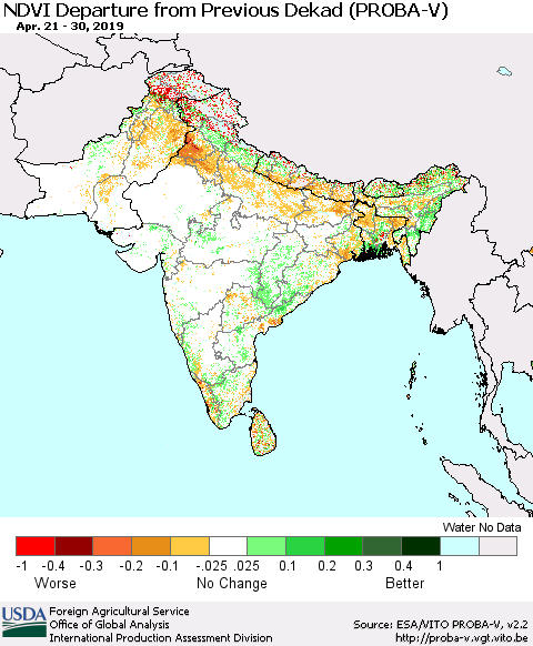 Southern Asia NDVI Departure from Previous Dekad (PROBA-V) Thematic Map For 4/21/2019 - 4/30/2019