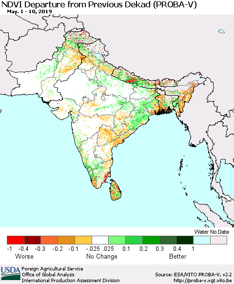 Southern Asia NDVI Departure from Previous Dekad (PROBA-V) Thematic Map For 5/1/2019 - 5/10/2019