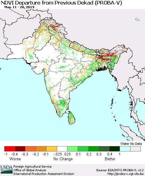 Southern Asia NDVI Departure from Previous Dekad (PROBA-V) Thematic Map For 5/11/2019 - 5/20/2019