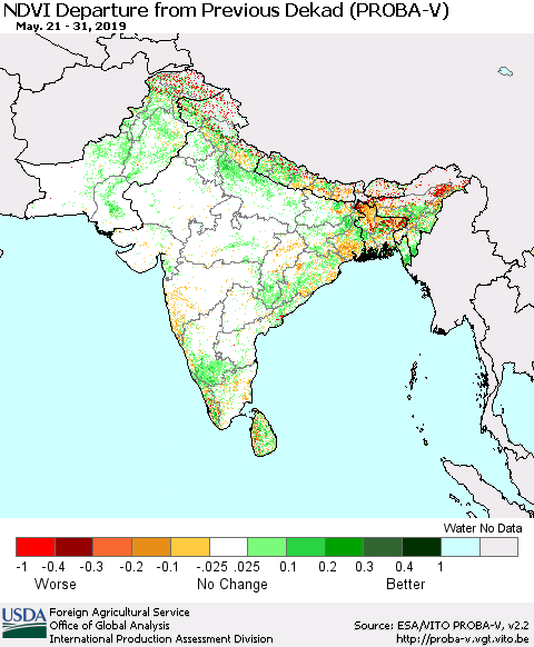 Southern Asia NDVI Departure from Previous Dekad (PROBA-V) Thematic Map For 5/21/2019 - 5/31/2019