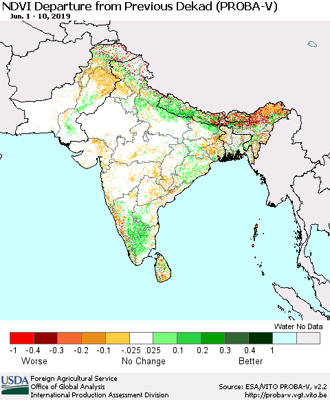 Southern Asia NDVI Departure from Previous Dekad (PROBA-V) Thematic Map For 6/1/2019 - 6/10/2019