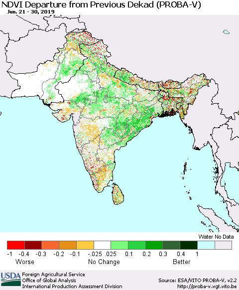 Southern Asia NDVI Departure from Previous Dekad (PROBA-V) Thematic Map For 6/21/2019 - 6/30/2019