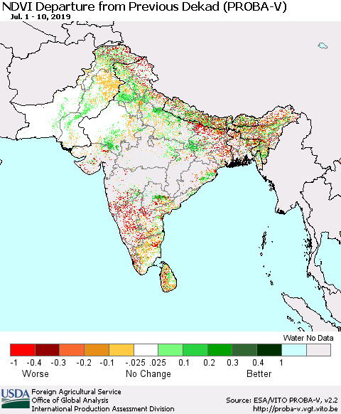 Southern Asia NDVI Departure from Previous Dekad (PROBA-V) Thematic Map For 7/1/2019 - 7/10/2019