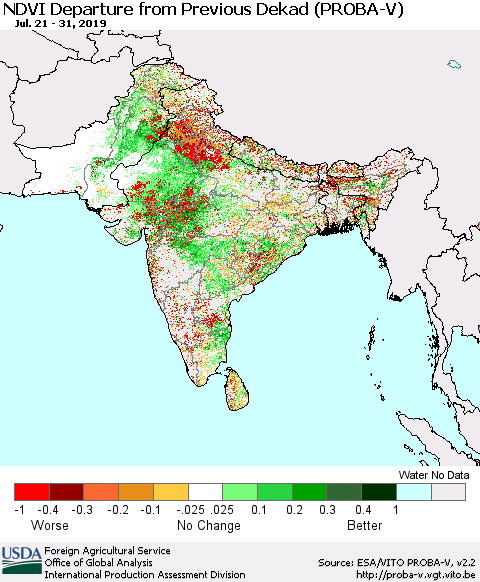 Southern Asia NDVI Departure from Previous Dekad (PROBA-V) Thematic Map For 7/21/2019 - 7/31/2019