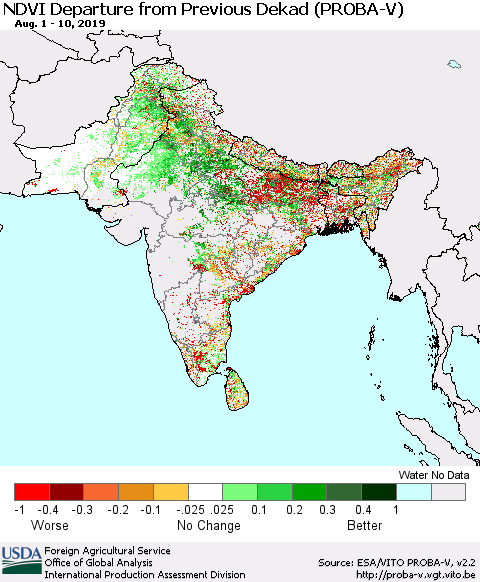 Southern Asia NDVI Departure from Previous Dekad (PROBA-V) Thematic Map For 8/1/2019 - 8/10/2019