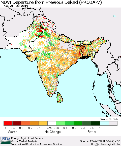 Southern Asia NDVI Departure from Previous Dekad (PROBA-V) Thematic Map For 11/21/2019 - 11/30/2019