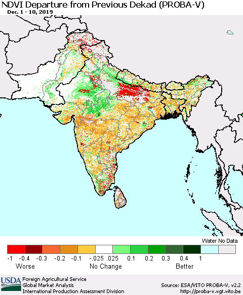 Southern Asia NDVI Departure from Previous Dekad (PROBA-V) Thematic Map For 12/1/2019 - 12/10/2019