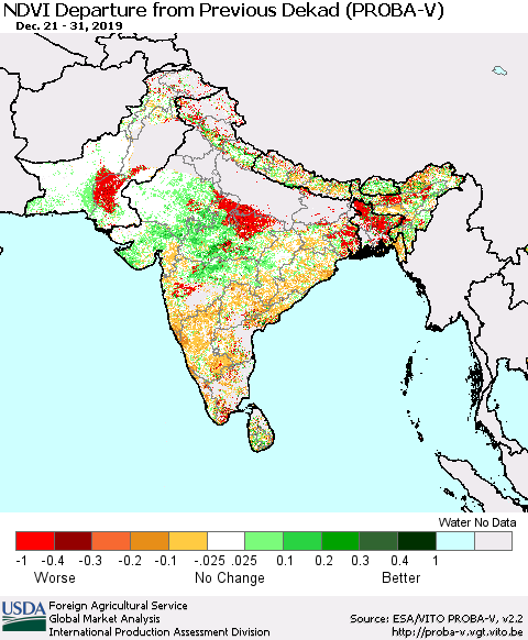 Southern Asia NDVI Departure from Previous Dekad (PROBA-V) Thematic Map For 12/21/2019 - 12/31/2019