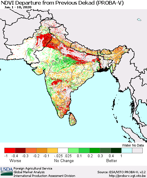 Southern Asia NDVI Departure from Previous Dekad (PROBA-V) Thematic Map For 1/1/2020 - 1/10/2020
