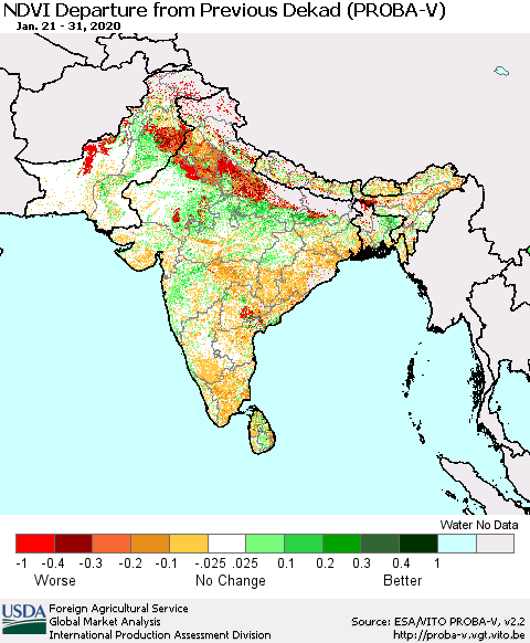 Southern Asia NDVI Departure from Previous Dekad (PROBA-V) Thematic Map For 1/21/2020 - 1/31/2020