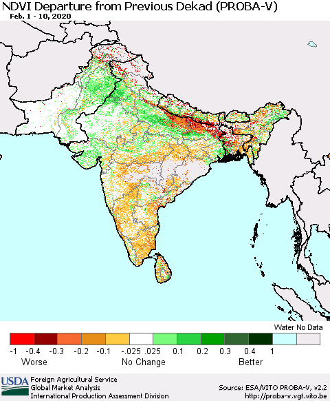 Southern Asia NDVI Departure from Previous Dekad (PROBA-V) Thematic Map For 2/1/2020 - 2/10/2020