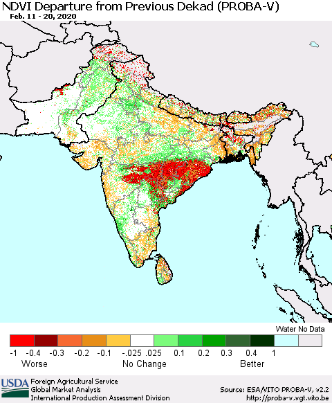 Southern Asia NDVI Departure from Previous Dekad (PROBA-V) Thematic Map For 2/11/2020 - 2/20/2020