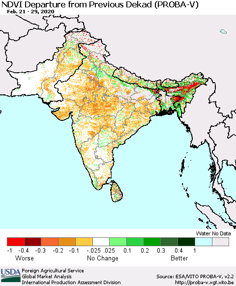 Southern Asia NDVI Departure from Previous Dekad (PROBA-V) Thematic Map For 2/21/2020 - 2/29/2020