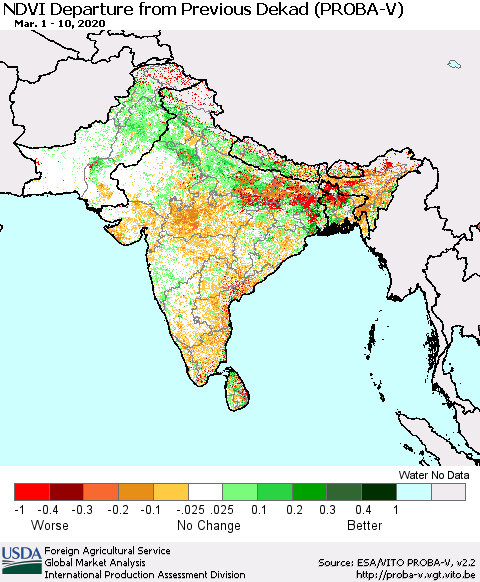 Southern Asia NDVI Departure from Previous Dekad (PROBA-V) Thematic Map For 3/1/2020 - 3/10/2020