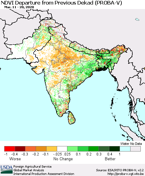Southern Asia NDVI Departure from Previous Dekad (PROBA-V) Thematic Map For 3/11/2020 - 3/20/2020