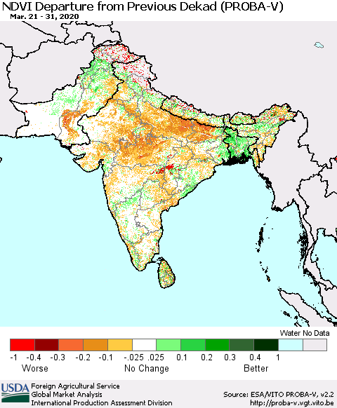 Southern Asia NDVI Departure from Previous Dekad (PROBA-V) Thematic Map For 3/21/2020 - 3/31/2020