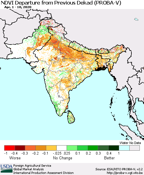 Southern Asia NDVI Departure from Previous Dekad (PROBA-V) Thematic Map For 4/1/2020 - 4/10/2020