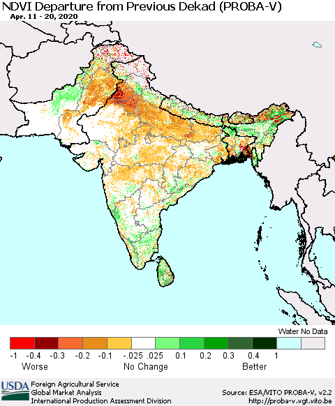 Southern Asia NDVI Departure from Previous Dekad (PROBA-V) Thematic Map For 4/11/2020 - 4/20/2020