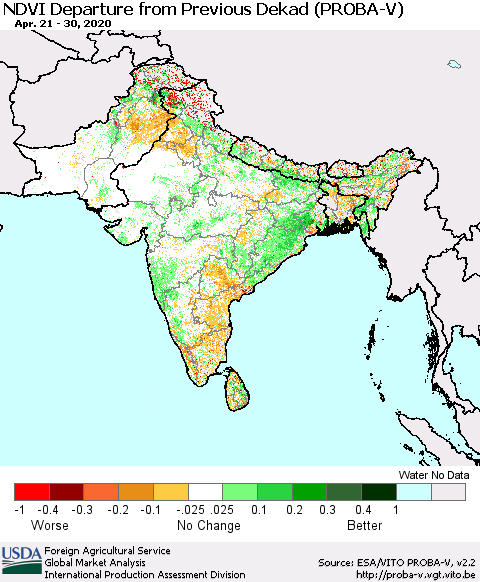 Southern Asia NDVI Departure from Previous Dekad (PROBA-V) Thematic Map For 4/21/2020 - 4/30/2020