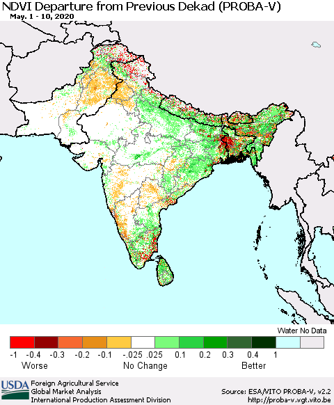 Southern Asia NDVI Departure from Previous Dekad (PROBA-V) Thematic Map For 5/1/2020 - 5/10/2020