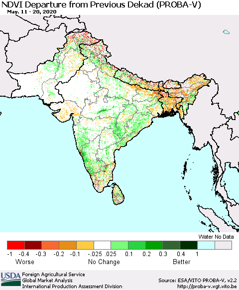 Southern Asia NDVI Departure from Previous Dekad (PROBA-V) Thematic Map For 5/11/2020 - 5/20/2020