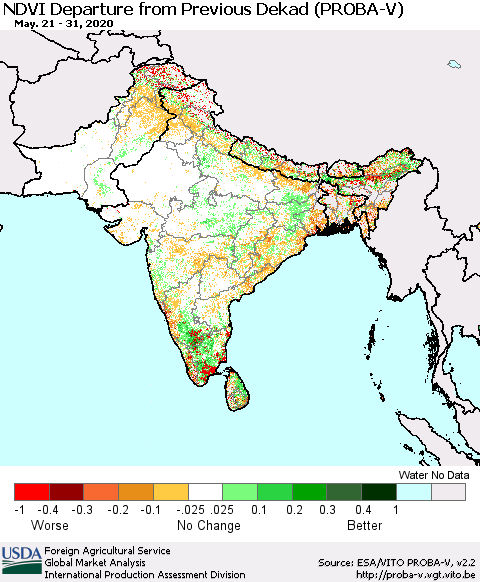 Southern Asia NDVI Departure from Previous Dekad (PROBA-V) Thematic Map For 5/21/2020 - 5/31/2020