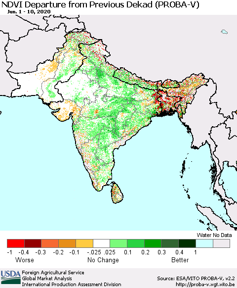 Southern Asia NDVI Departure from Previous Dekad (PROBA-V) Thematic Map For 6/1/2020 - 6/10/2020