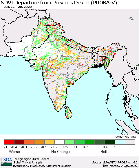 Southern Asia NDVI Departure from Previous Dekad (PROBA-V) Thematic Map For 6/11/2020 - 6/20/2020