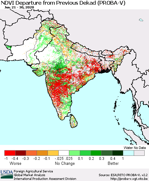 Southern Asia NDVI Departure from Previous Dekad (PROBA-V) Thematic Map For 6/21/2020 - 6/30/2020