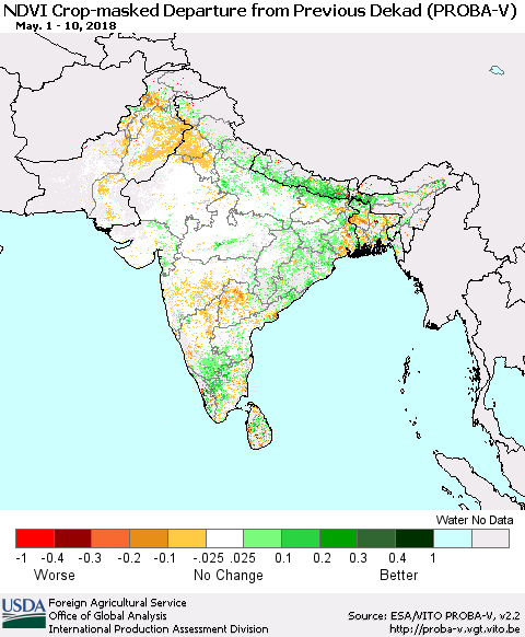 Southern Asia NDVI Crop-masked Departure from Previous Dekad (PROBA-V) Thematic Map For 5/1/2018 - 5/10/2018