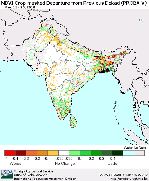 Southern Asia NDVI Crop-masked Departure from Previous Dekad (PROBA-V) Thematic Map For 5/11/2018 - 5/20/2018