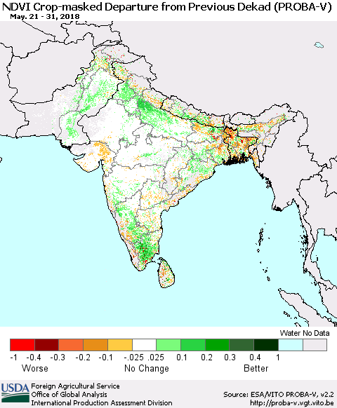 Southern Asia NDVI Crop-masked Departure from Previous Dekad (PROBA-V) Thematic Map For 5/21/2018 - 5/31/2018