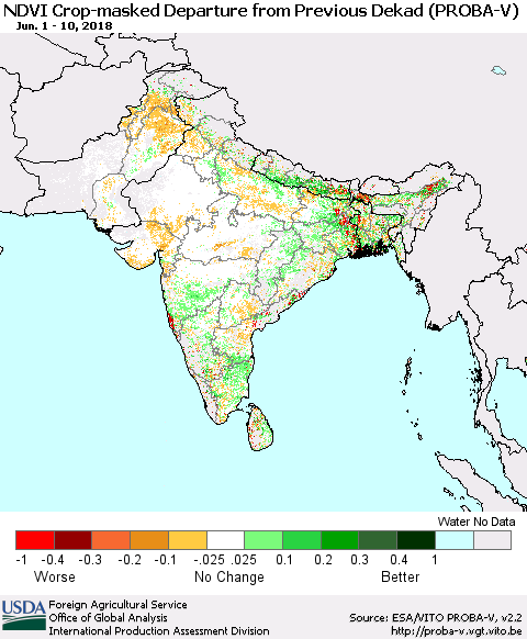 Southern Asia NDVI Crop-masked Departure from Previous Dekad (PROBA-V) Thematic Map For 6/1/2018 - 6/10/2018