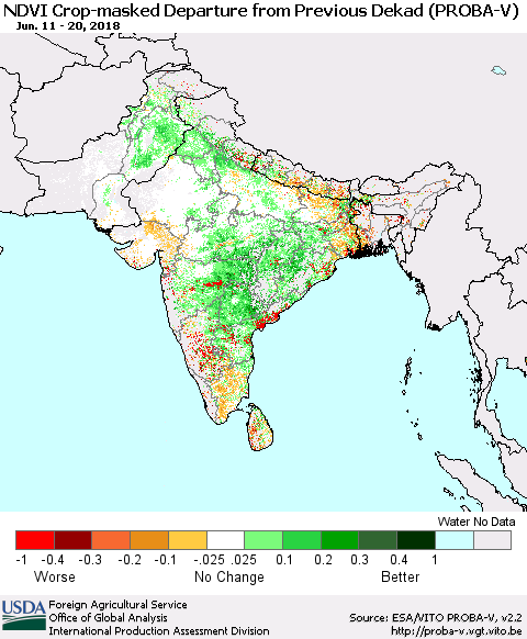 Southern Asia NDVI Crop-masked Departure from Previous Dekad (PROBA-V) Thematic Map For 6/11/2018 - 6/20/2018