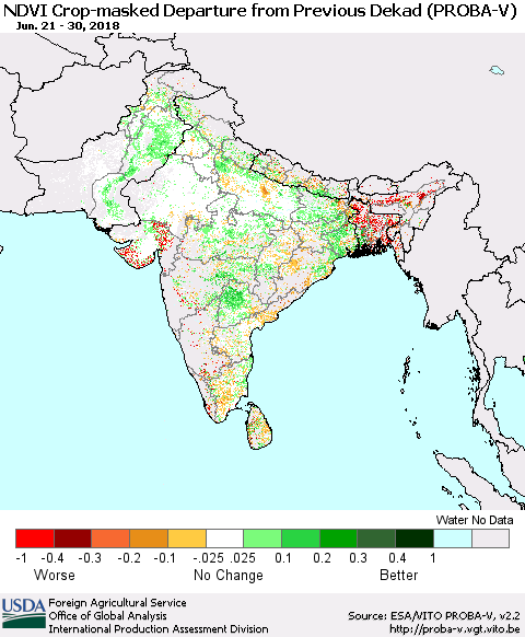 Southern Asia NDVI Crop-masked Departure from Previous Dekad (PROBA-V) Thematic Map For 6/21/2018 - 6/30/2018