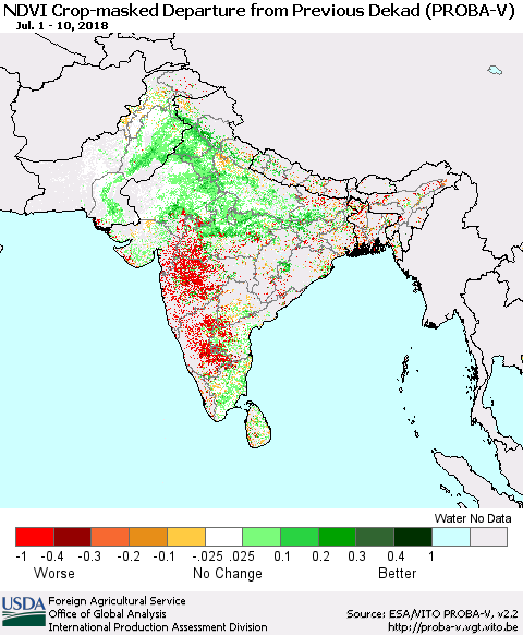 Southern Asia NDVI Crop-masked Departure from Previous Dekad (PROBA-V) Thematic Map For 7/1/2018 - 7/10/2018