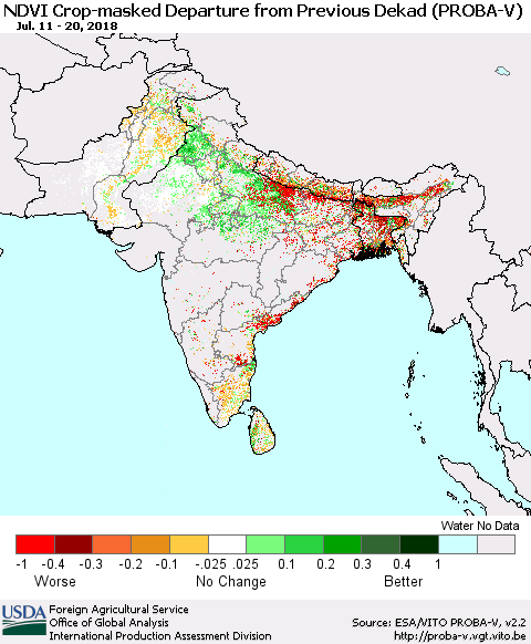 Southern Asia NDVI Crop-masked Departure from Previous Dekad (PROBA-V) Thematic Map For 7/11/2018 - 7/20/2018