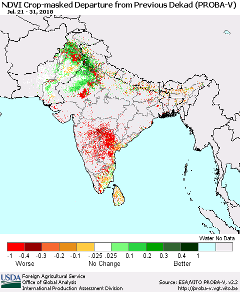 Southern Asia NDVI Crop-masked Departure from Previous Dekad (PROBA-V) Thematic Map For 7/21/2018 - 7/31/2018