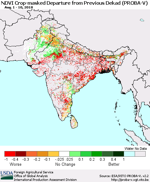 Southern Asia NDVI Crop-masked Departure from Previous Dekad (PROBA-V) Thematic Map For 8/1/2018 - 8/10/2018