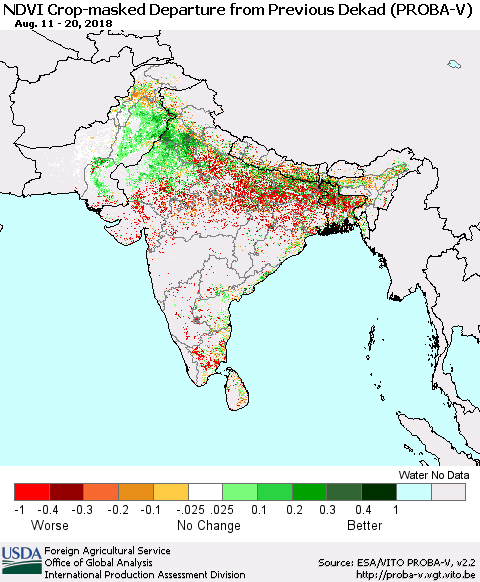 Southern Asia NDVI Crop-masked Departure from Previous Dekad (PROBA-V) Thematic Map For 8/11/2018 - 8/20/2018