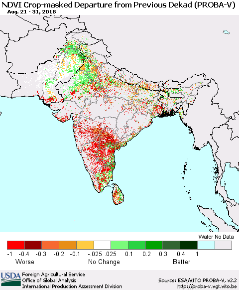 Southern Asia NDVI Crop-masked Departure from Previous Dekad (PROBA-V) Thematic Map For 8/21/2018 - 8/31/2018
