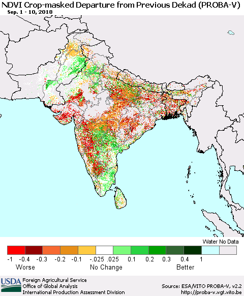 Southern Asia NDVI Crop-masked Departure from Previous Dekad (PROBA-V) Thematic Map For 9/1/2018 - 9/10/2018