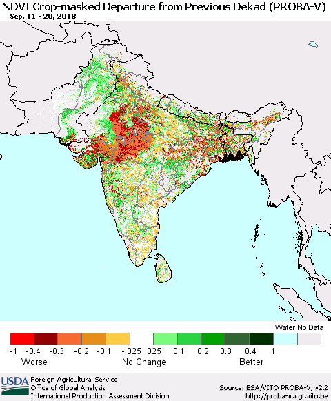 Southern Asia NDVI Crop-masked Departure from Previous Dekad (PROBA-V) Thematic Map For 9/11/2018 - 9/20/2018