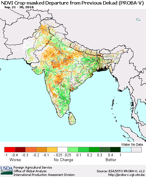 Southern Asia NDVI Crop-masked Departure from Previous Dekad (PROBA-V) Thematic Map For 9/21/2018 - 9/30/2018