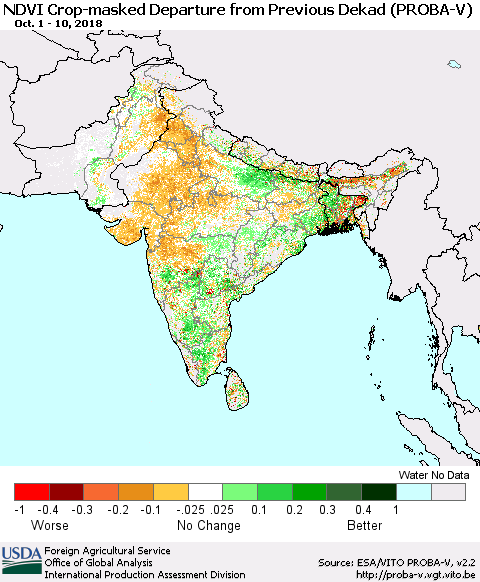 Southern Asia NDVI Crop-masked Departure from Previous Dekad (PROBA-V) Thematic Map For 10/1/2018 - 10/10/2018