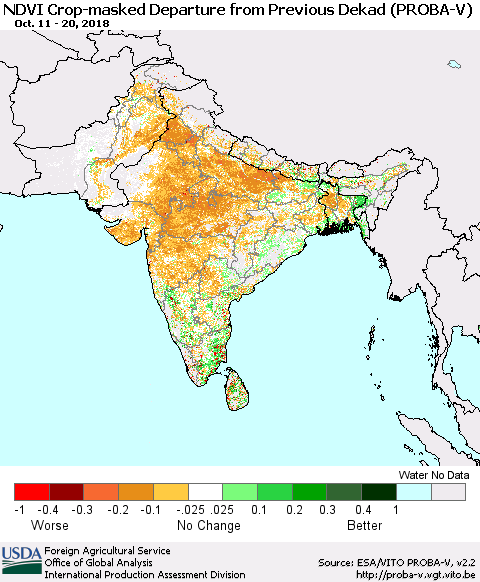 Southern Asia NDVI Crop-masked Departure from Previous Dekad (PROBA-V) Thematic Map For 10/11/2018 - 10/20/2018